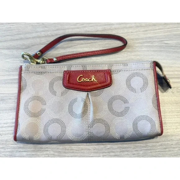 Coach Signature C Canvas Wristlet Wallet Red Leather Trim - Picture 1 of 4